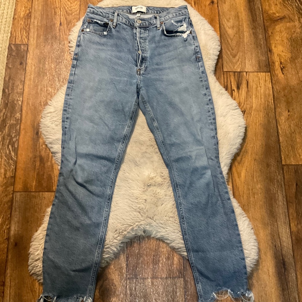 Agolde Button Fly Denim Jeans Size 27 Nico High Rise Slim‎ Fit In Rooted Raw Hem